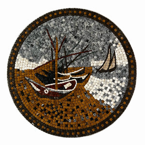 BOAT IN RED RIVER STONED WALL MOSAICS (24" INCHES)