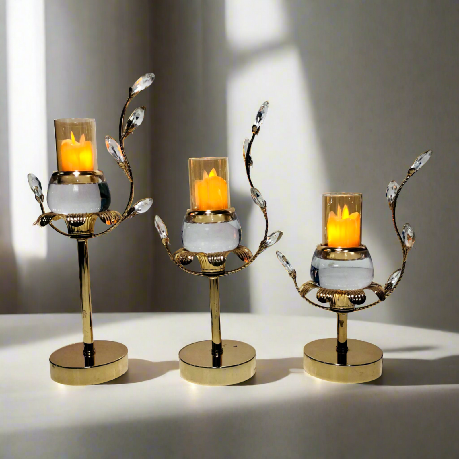 Golden Branch With Crystal Leaf Candle Holder