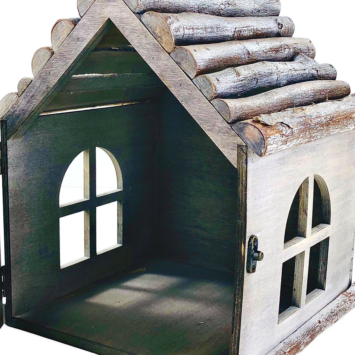 Gray Wood Hut Shape Candle Holder