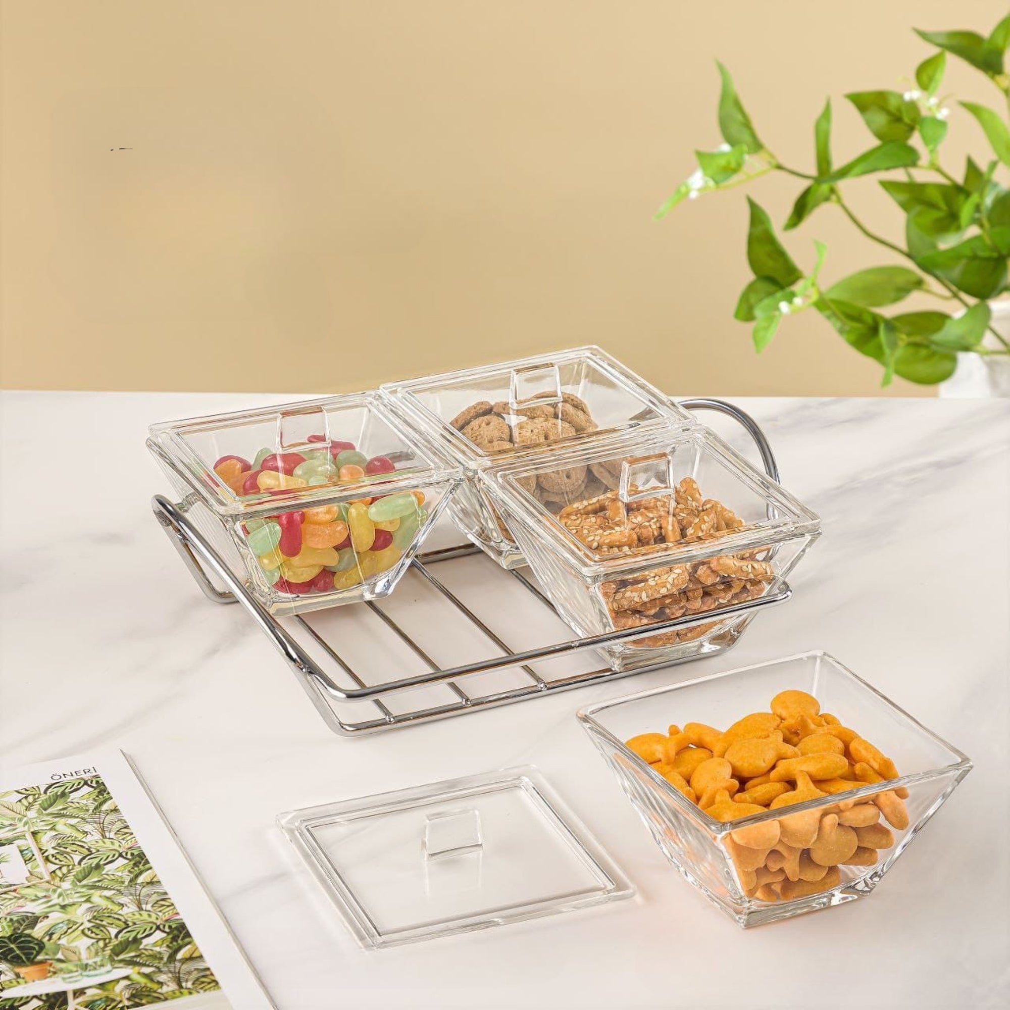 Square Glass Snack Serving Tray (4 Section)