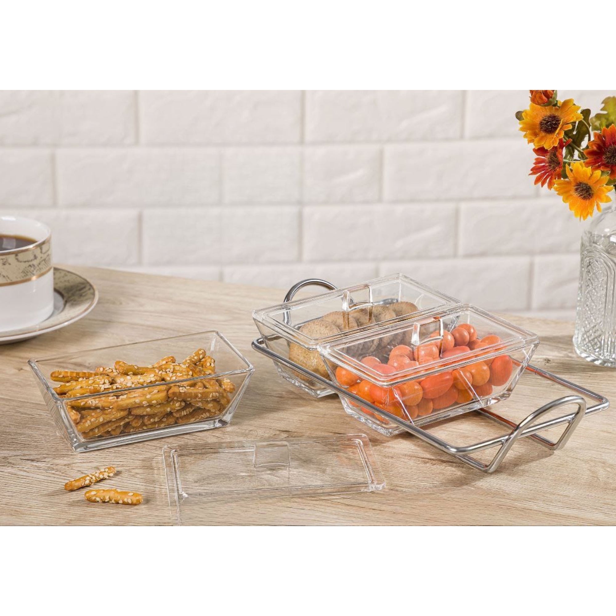 Rectangle Glass Snack Serving Tray (3 Section)