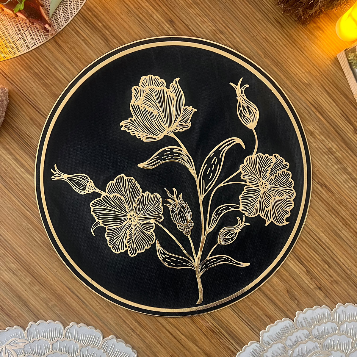 Black & Gold Rose Round Placemats (Set of 2)