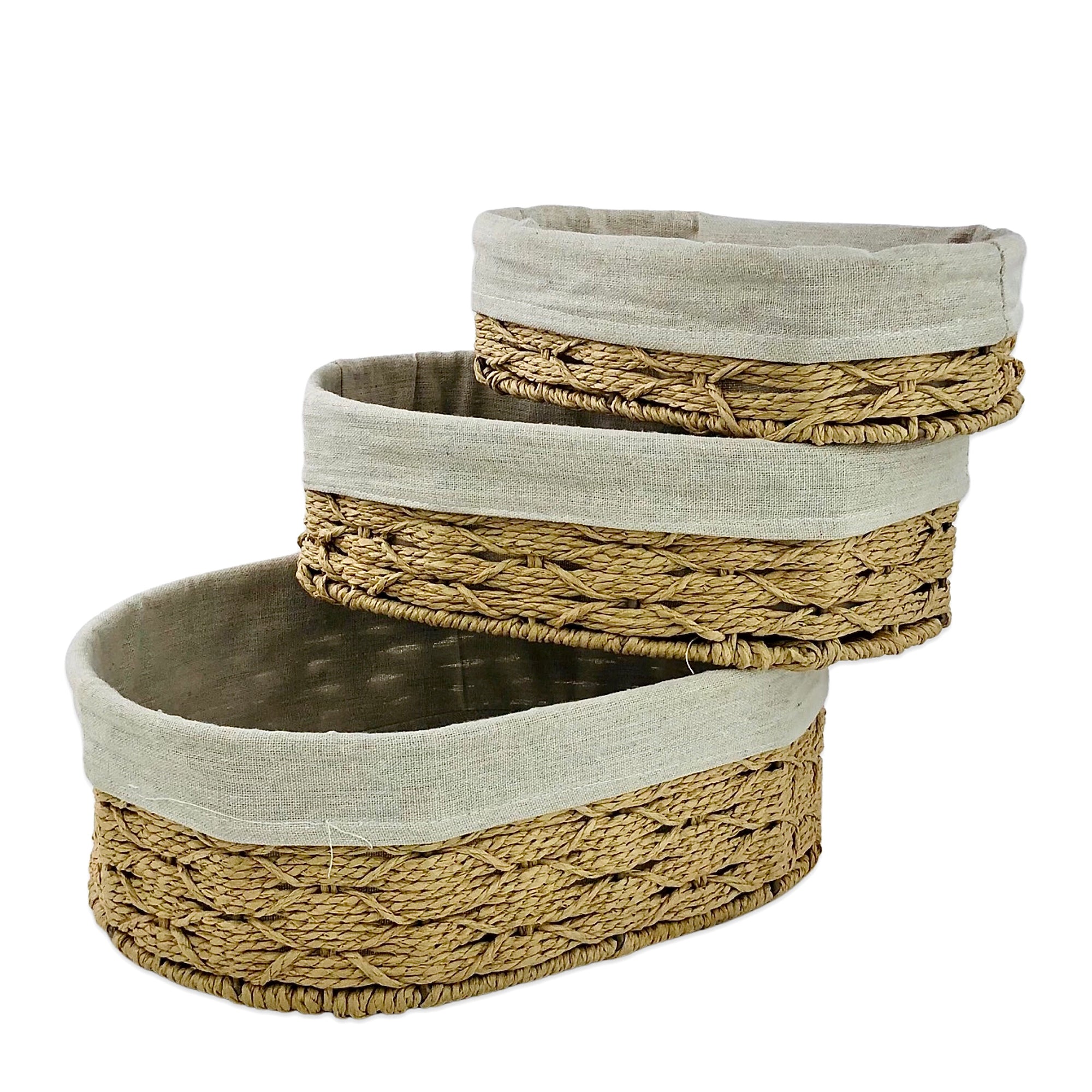 Oval Jute & Linen Towel Basket  (Set of 3)