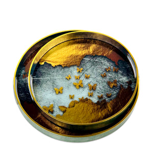 Butterfly Abstract Silver & Golden Round Trays (Set of 2)