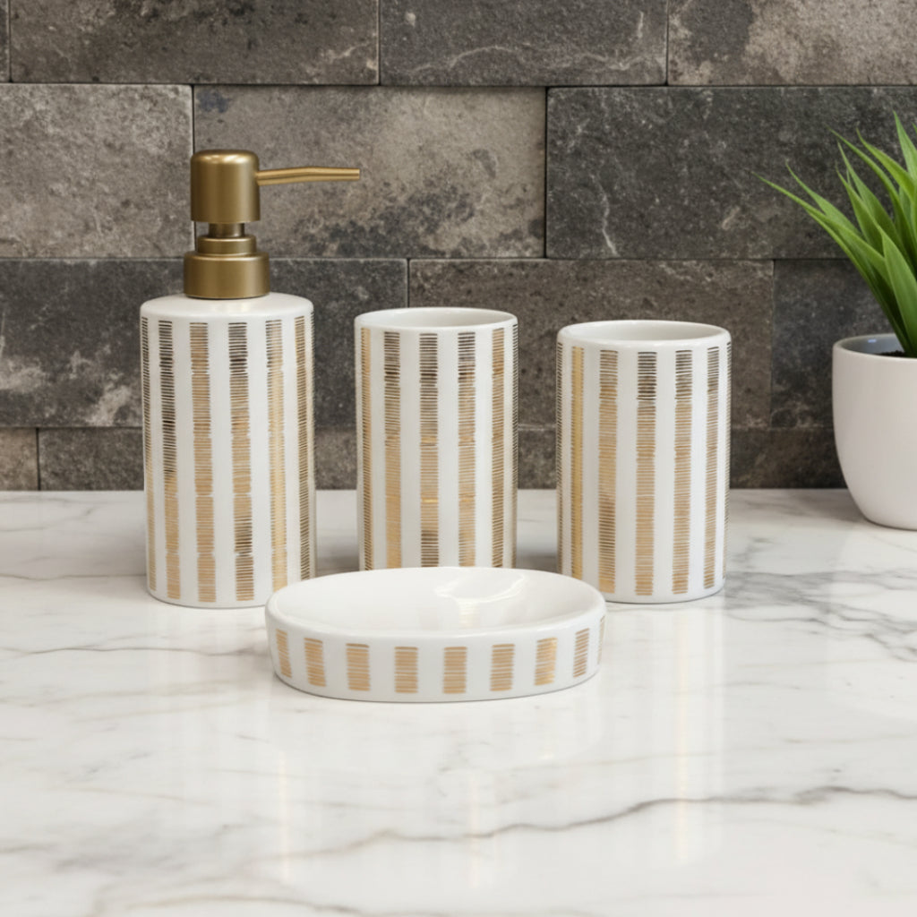Verona White & Gold Striped Bath Set