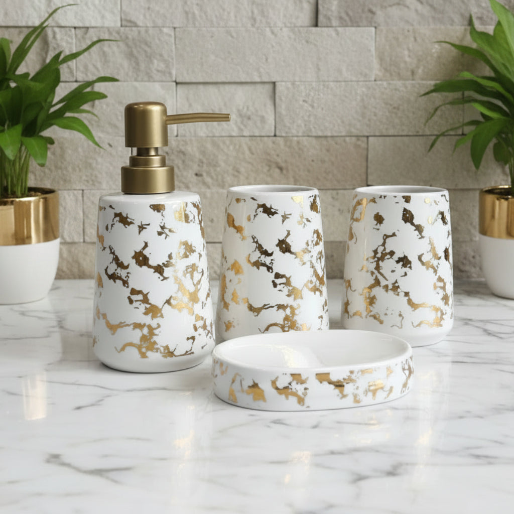 White & Antique Gold Design Bath Set
