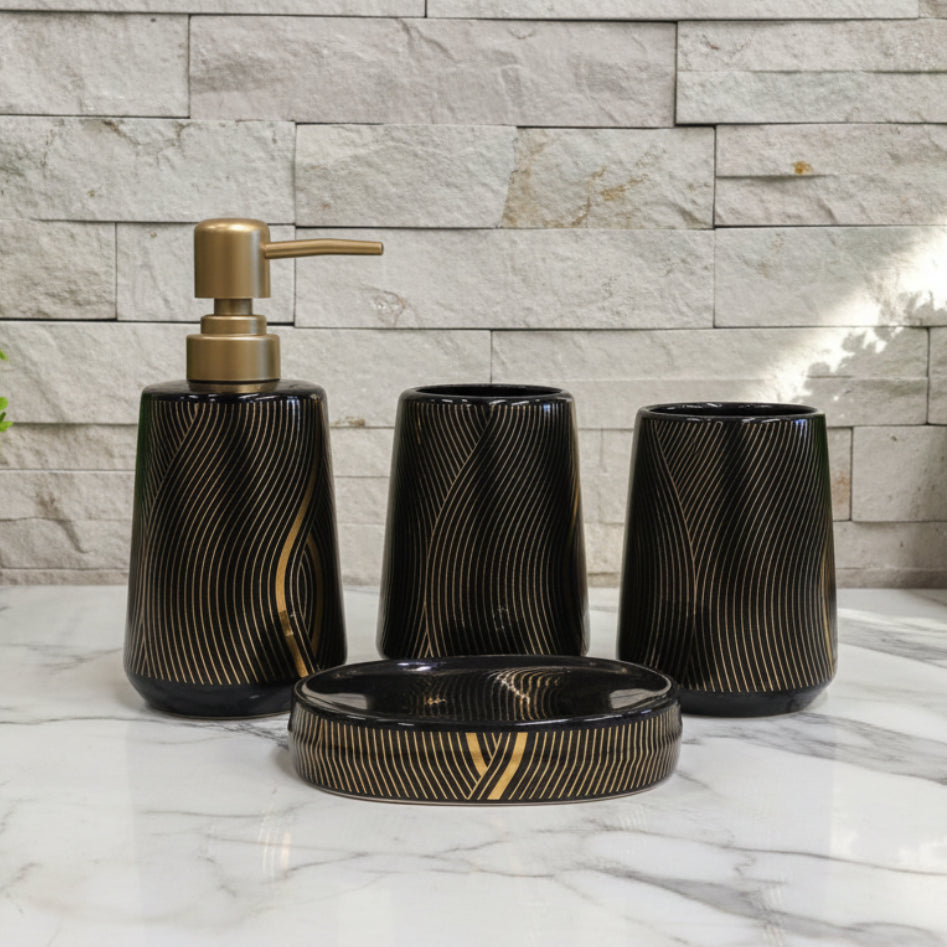 Black & Gold Wave Line Bath Set