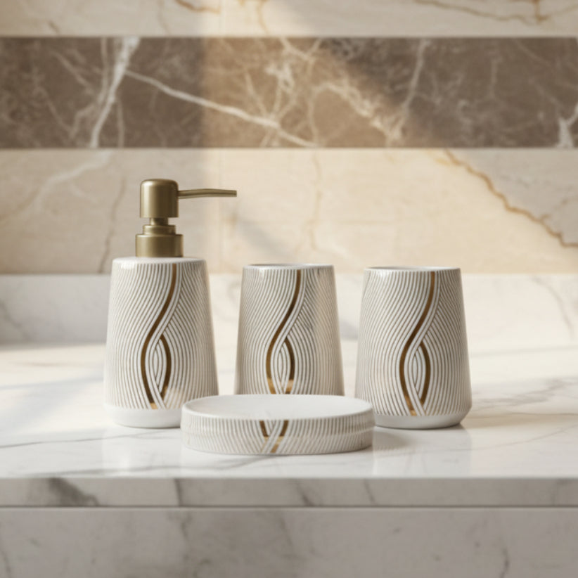 White & Gold Wave Line Bath Set