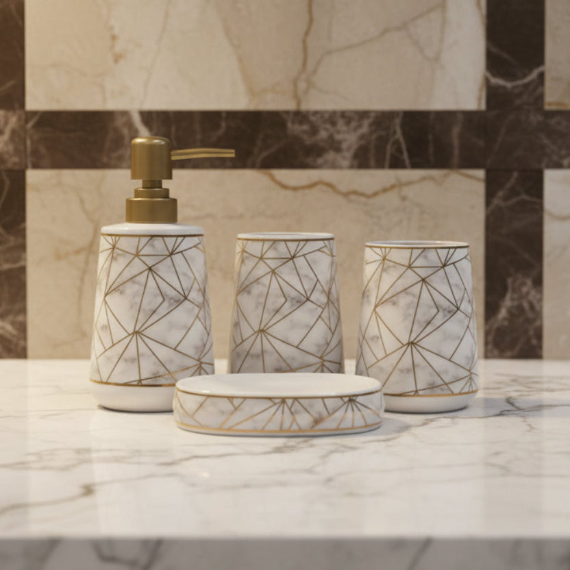 Rose Quartz White & Gold Round Bath Set