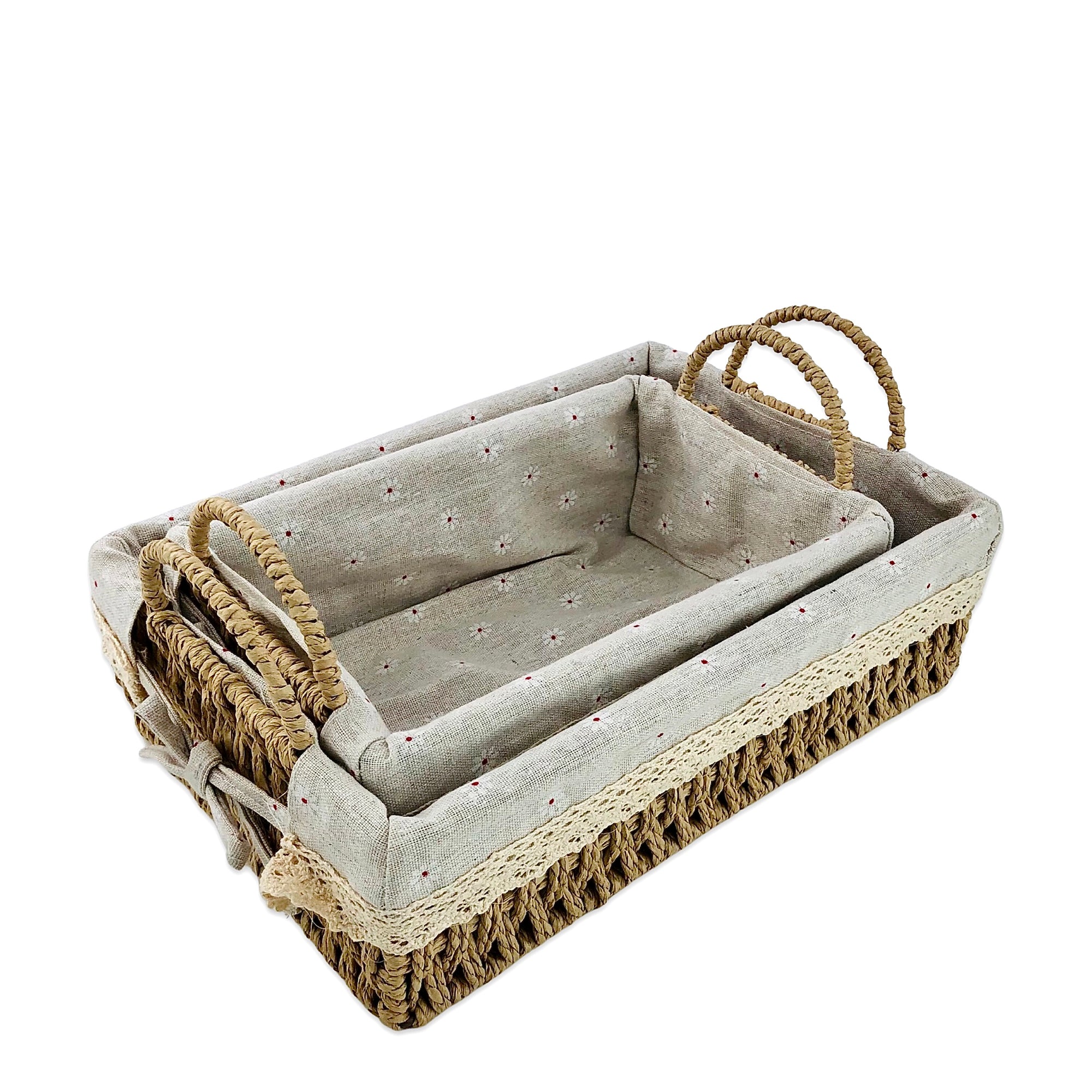 Rectangular Jute & Linen Handle Towel Basket  (Set of 2)