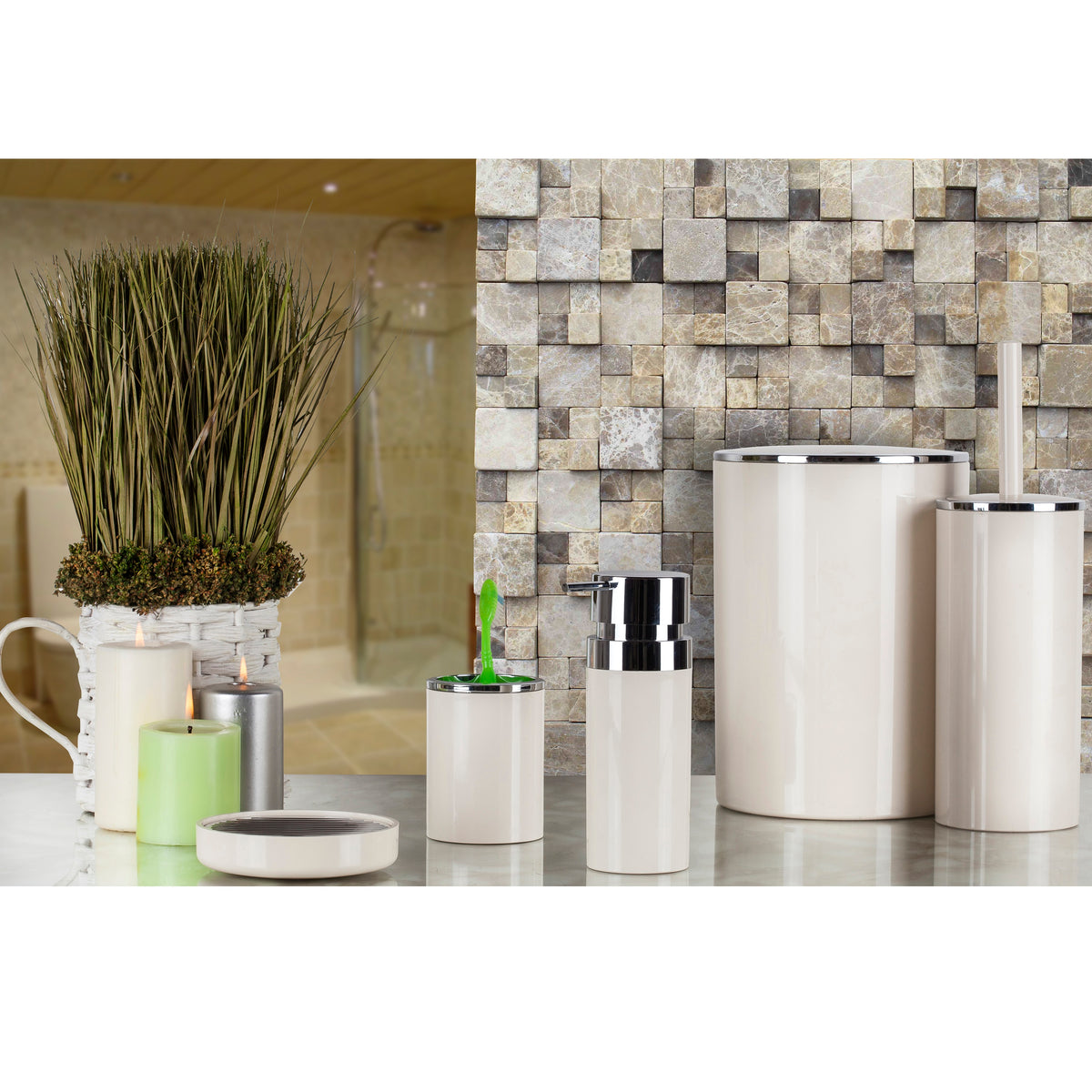 Lenox Round Beige Silver Bathroom Set