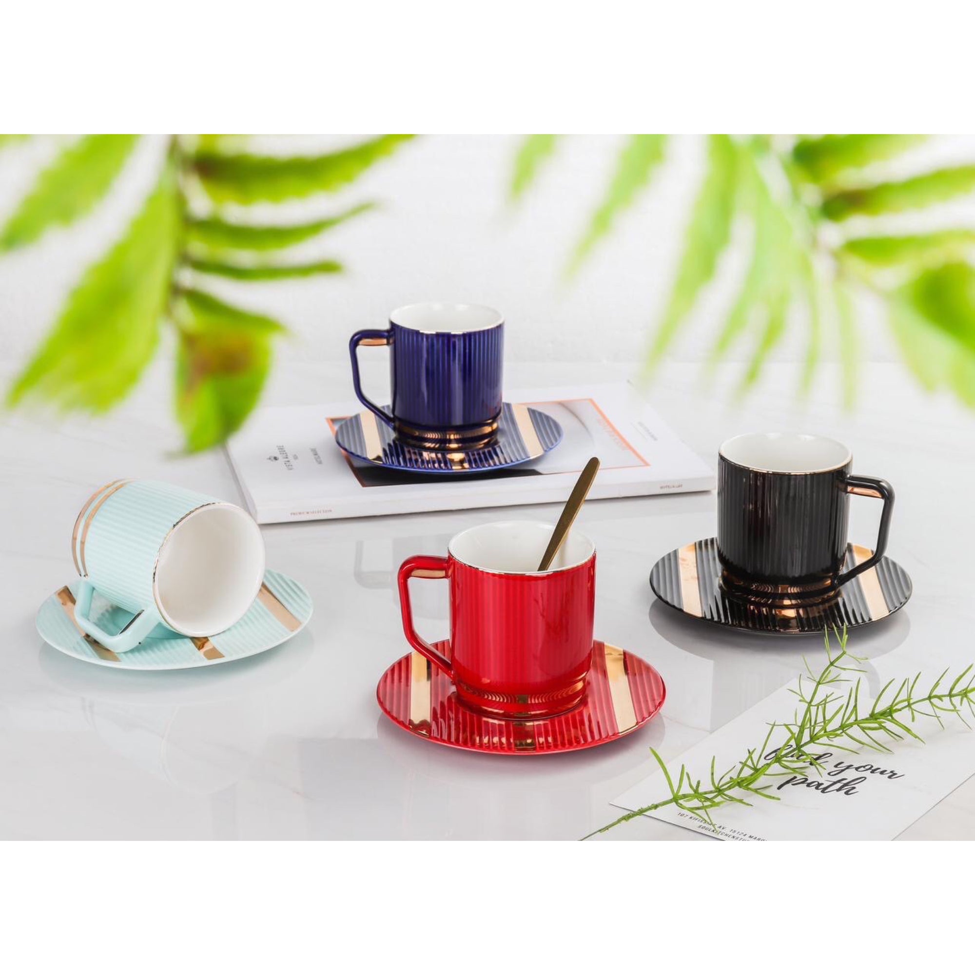 Shiny Embossed Line Cup With Coaster (Set of 6)