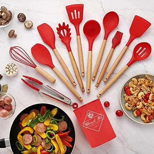 12 Piece Silicone and Wood Cooking Utensils in Cherry - Red