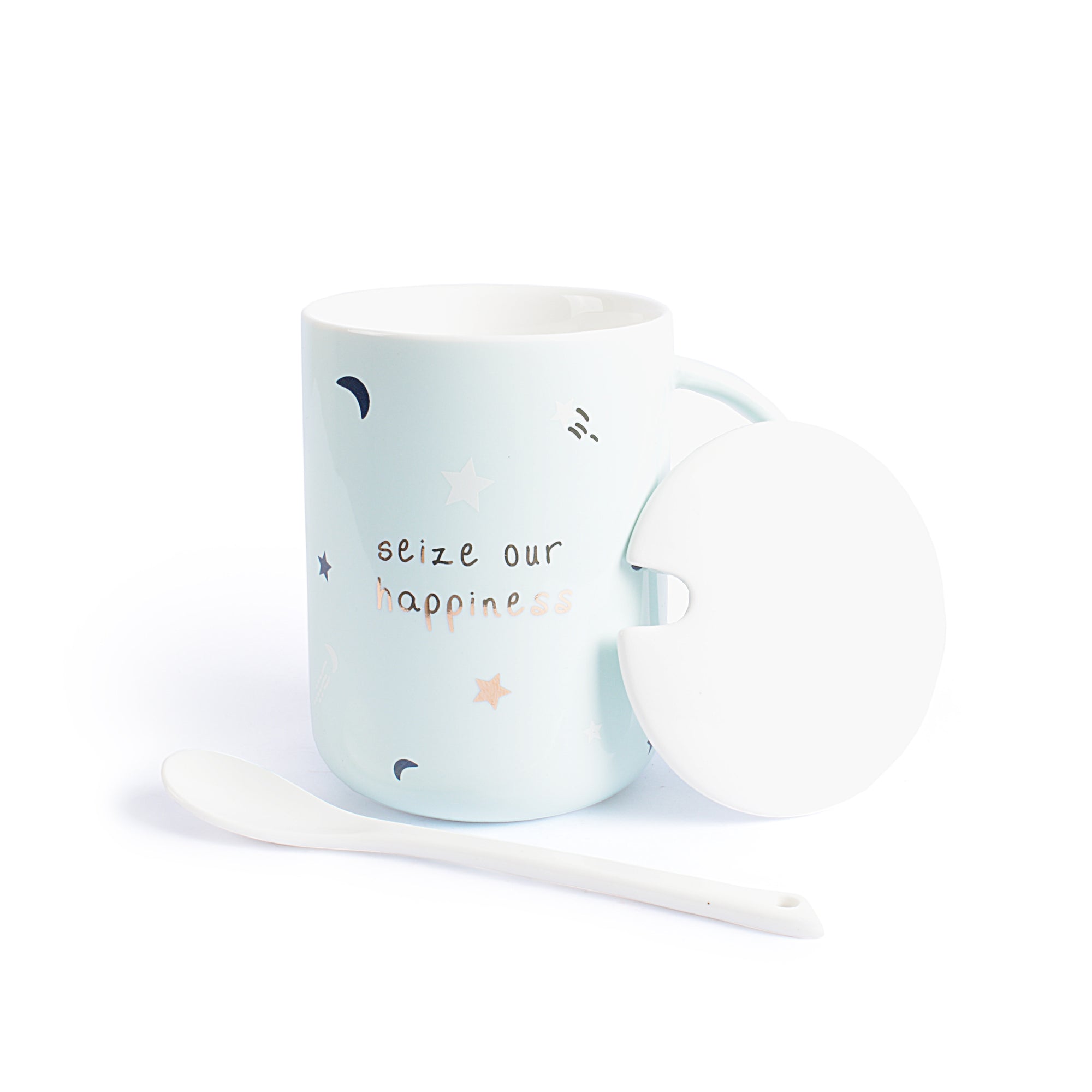 Happiness Design Ceramic Mug With Lid & Spoon