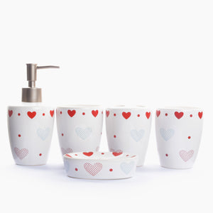 Hearts Printed Ceramic Bathroom Set (5 Pieces)