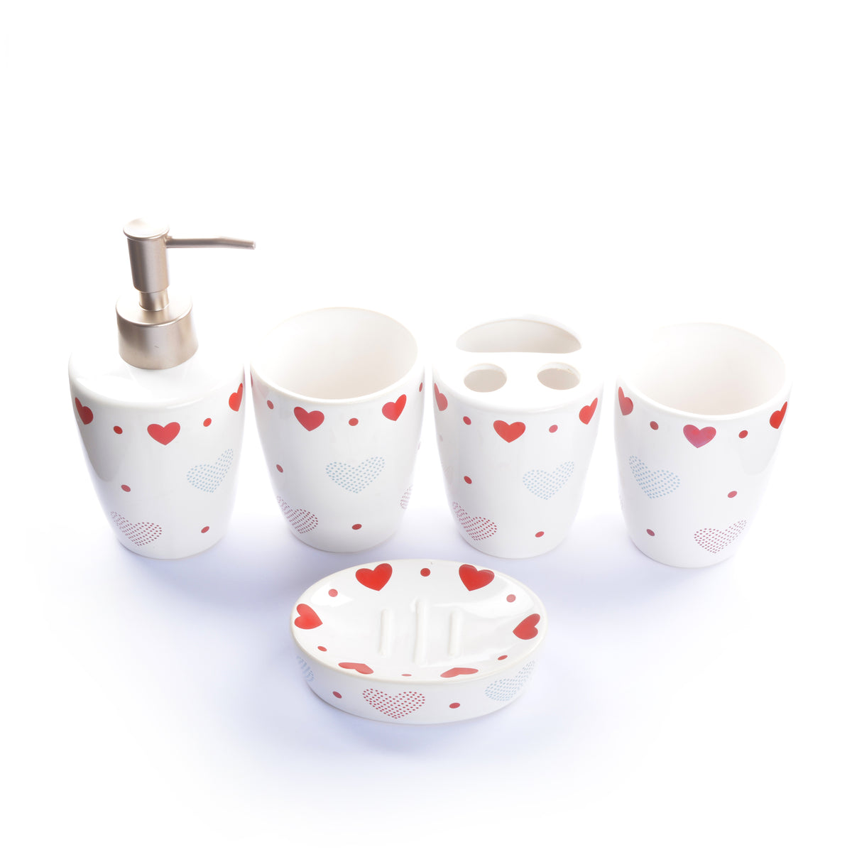 Hearts Printed Ceramic Bathroom Set (5 Pieces)