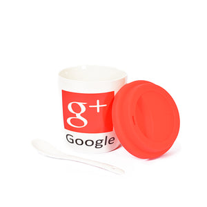 Google+ Design Decorative Ceramic Mug With Rubber Lid & Spoon