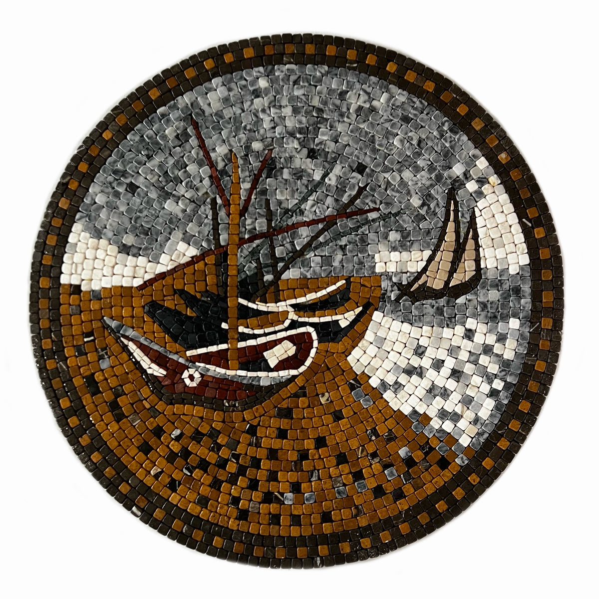 BOAT IN RED RIVER STONED WALL MOSAICS (24" INCHES)
