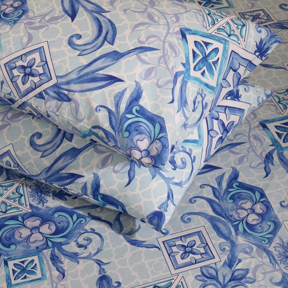 Floral Blue Percale Pillow Cases (Pair)