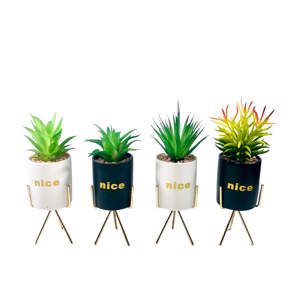 Black And White Cylindrical  Pot Planter with Golden Stand