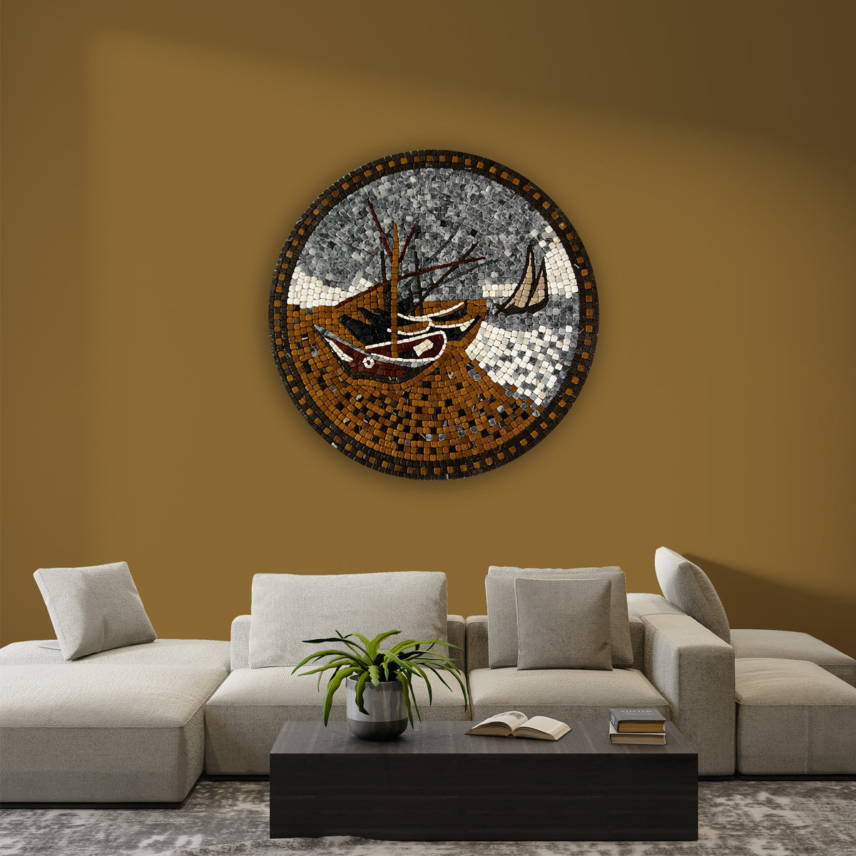 BOAT IN RED RIVER STONED WALL MOSAICS (24" INCHES)