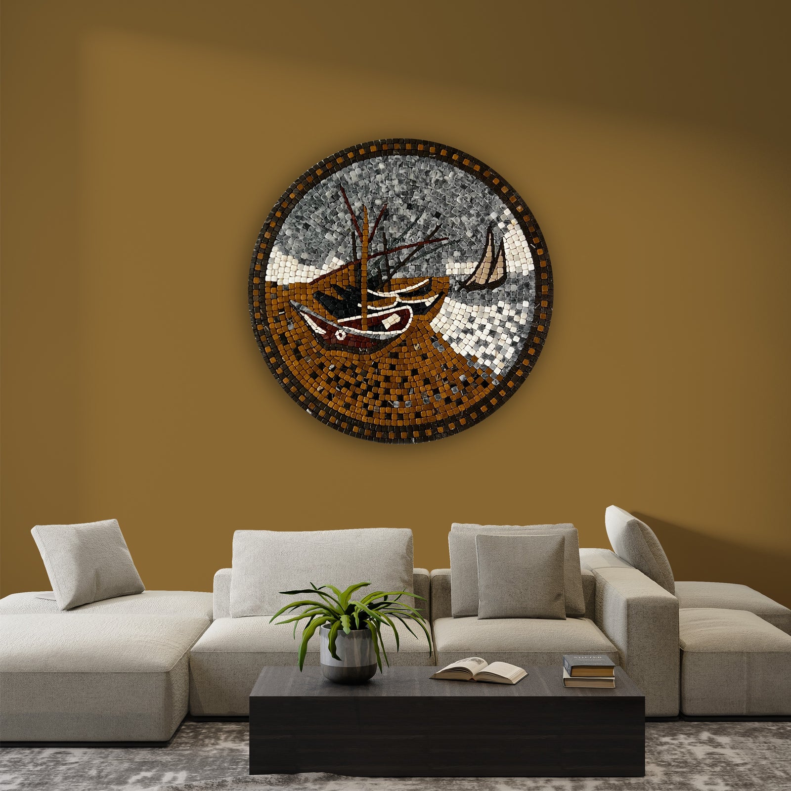 BOAT IN RED RIVER STONED WALL MOSAICS (24" INCHES)