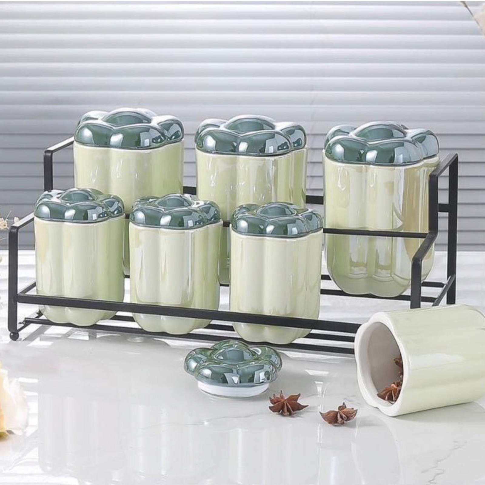 Ceramic 7 Pieces Seasoning Pots & Stand