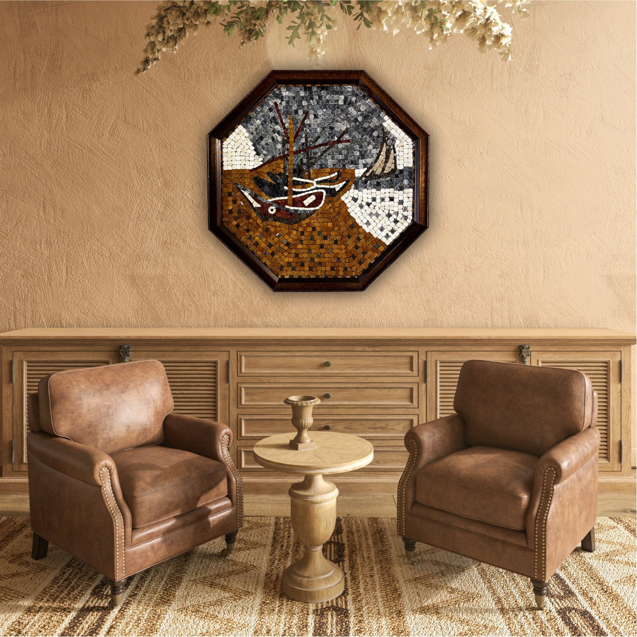 Boat in Red River Stoned Wall Mosaics (24" inches)