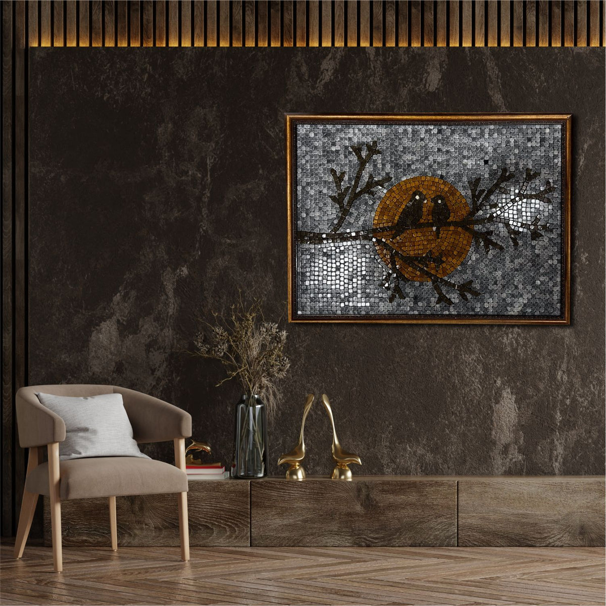 Autumn Sparrows Rectangle Stoned Wall Mosaics