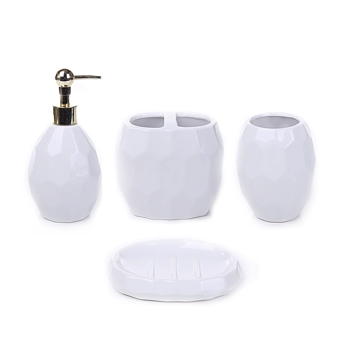 Faceted Glossy Design Bathroom Set (White)