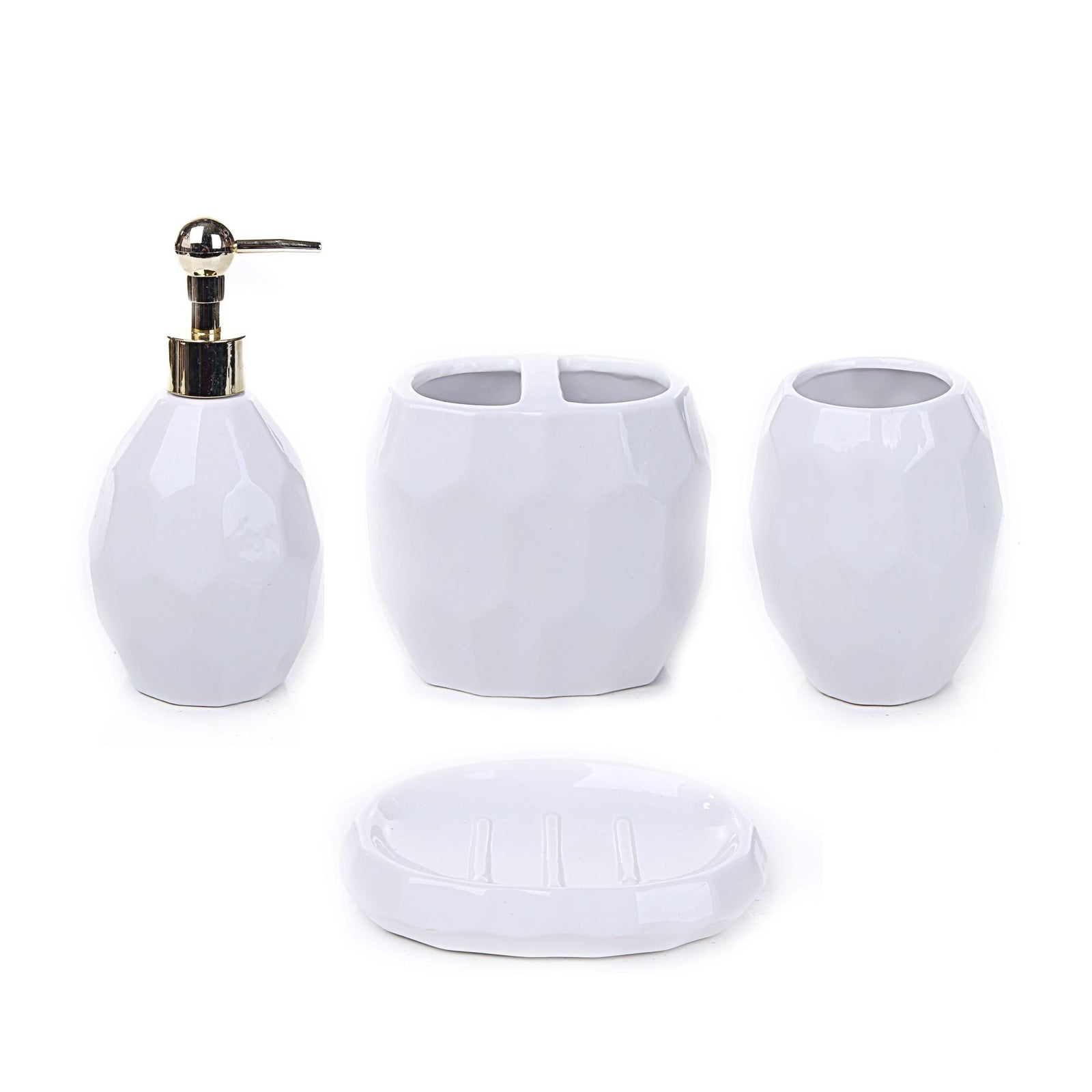 Faceted Glossy Design Bathroom Set (White)