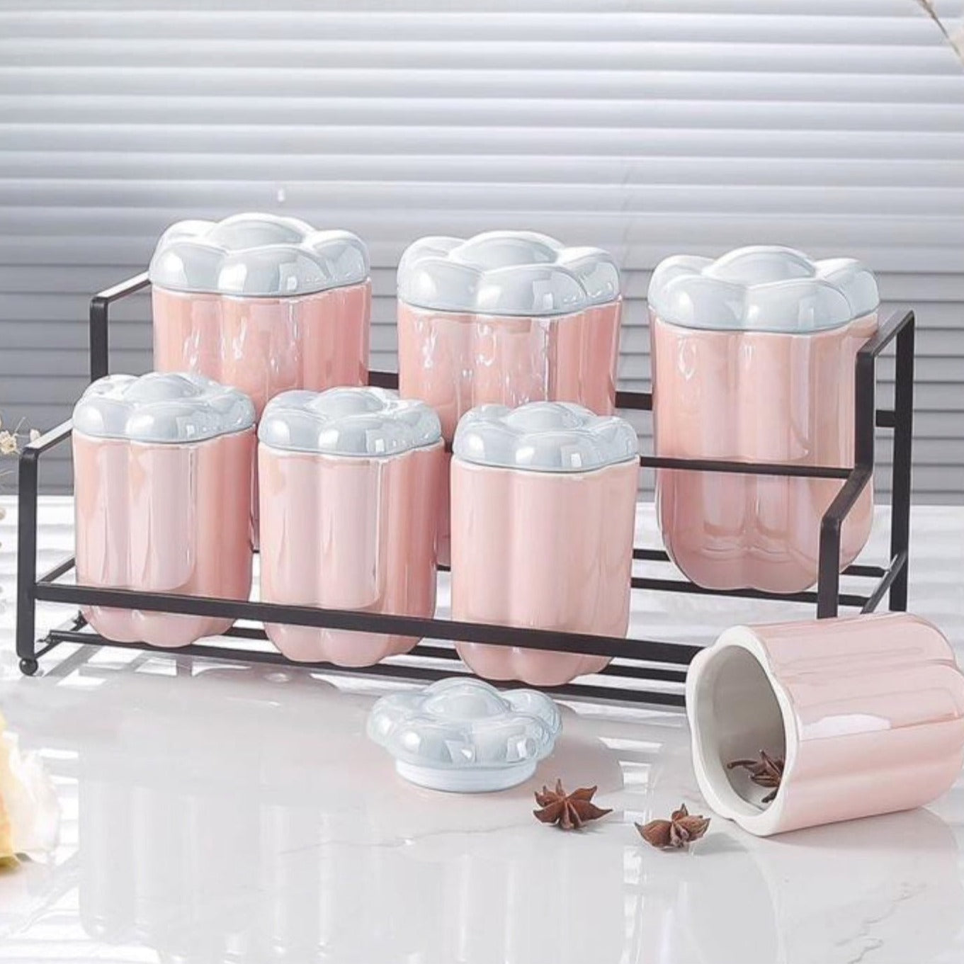 Ceramic 7 Pieces Seasoning Pots & Stand