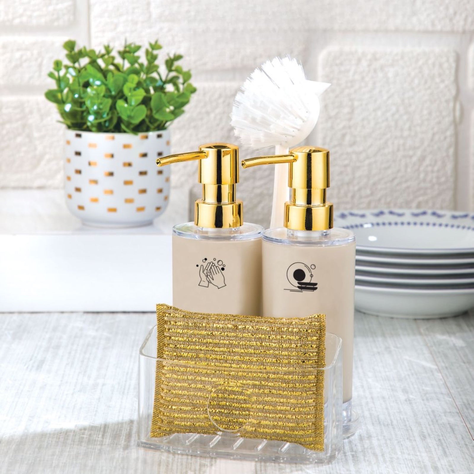 Twin Acrylic Lotion Dispenser with Brush and Sponge