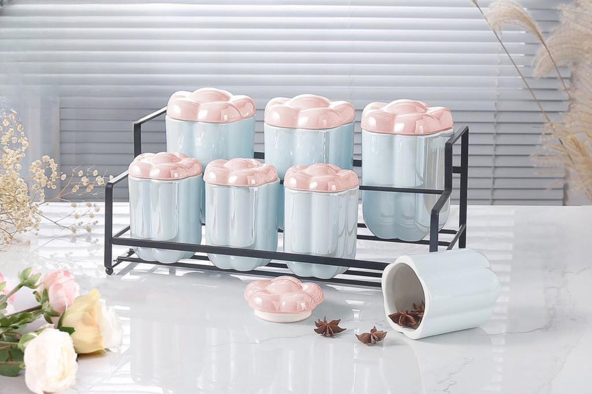 Ceramic 7 Pieces Seasoning Pots & Stand