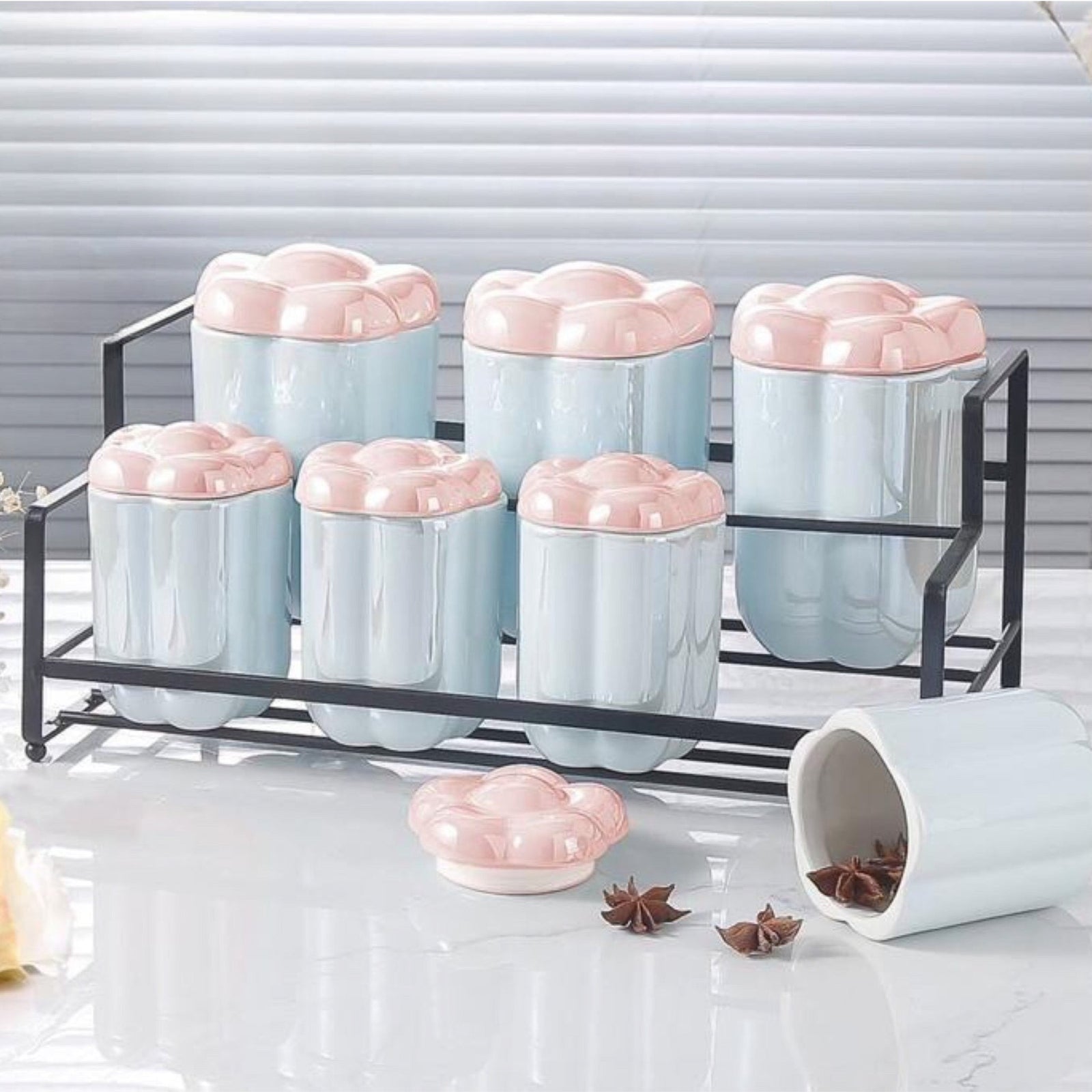 Ceramic 7 Pieces Seasoning Pots & Stand