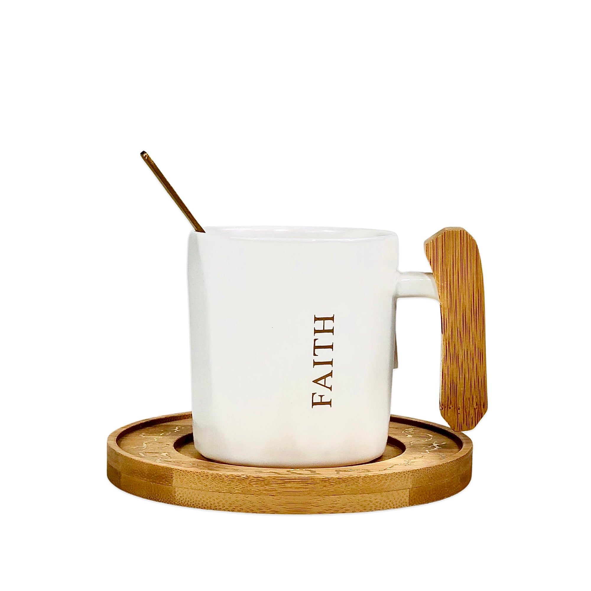 White Faith Mug With Wooden Tray & Spoon